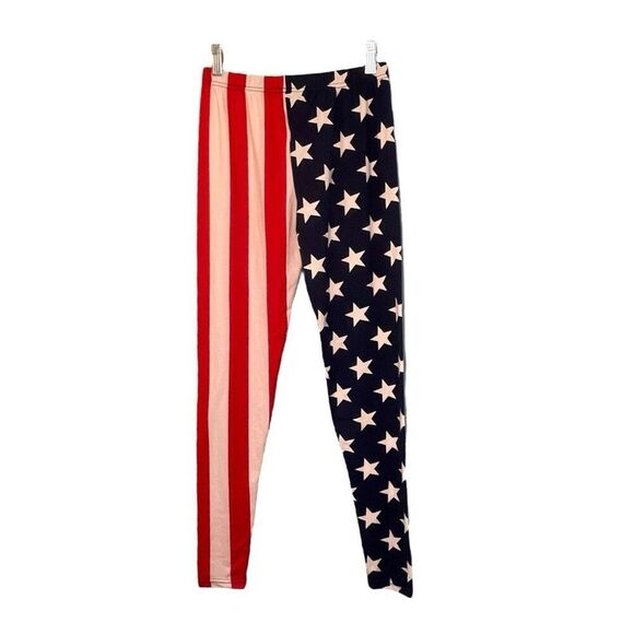 American Flag Print Patriotic Leggings Red White Blue Stars Stripes High-Rise Pu - Picture 1 of 3